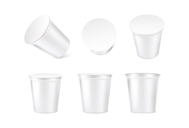 conjunto de iconos vectoriales realistas Colección en tazas de crema agria con tapa en diferentes orientaciones Aislado sobre fondo blanco Maqueta de producto de yogur lácteo