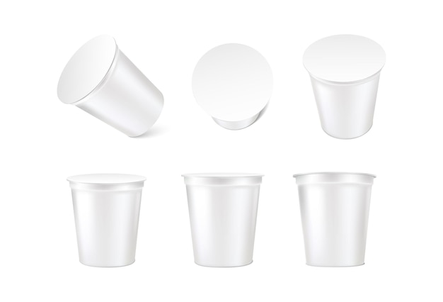conjunto de iconos vectoriales realistas Colección en tazas de crema agria con tapa en diferentes orientaciones Aislado sobre fondo blanco Maqueta de producto de yogur lácteo