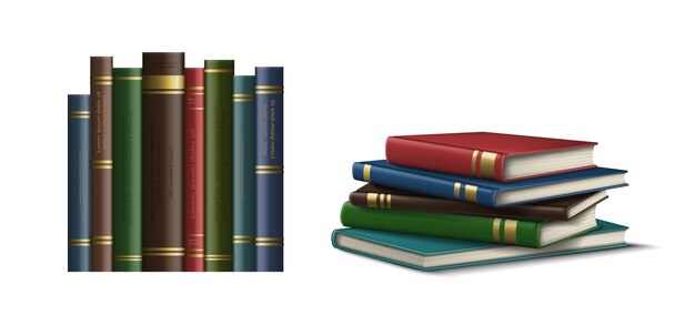 conjunto de iconos vectoriales realistas Cubiertas de libros en la fila y pila de libros en la superficie Aislado en whi