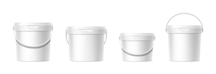 Vector gratuito conjunto de iconos vectoriales realistas cubo de plástico blanco de diferentes formas con tapa vista frontal