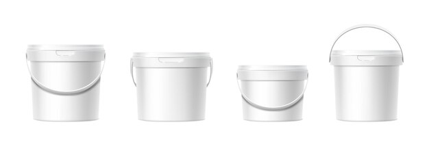 conjunto de iconos vectoriales realistas Cubo de plástico blanco de diferentes formas con tapa Vista frontal