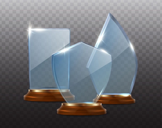 Vector gratuito conjunto de iconos vectoriales realistas trofeo ganador de cristal con base de madera aislado en ba transparente