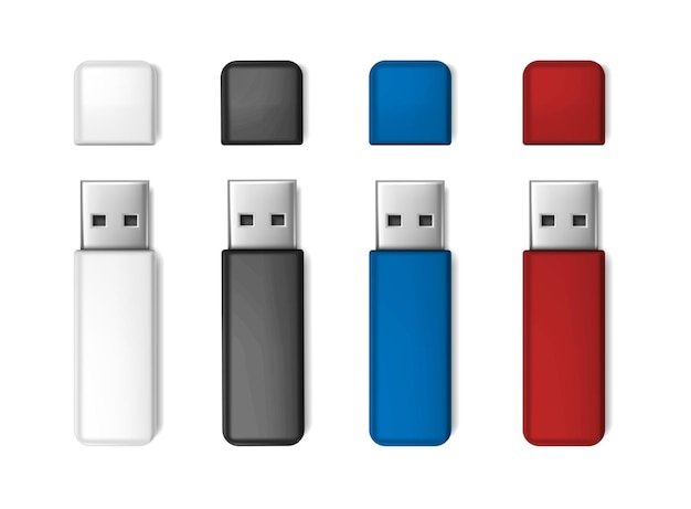 conjunto de iconos vectoriales realistas Unidad flash usb blanca, azul, roja y negra maqueta