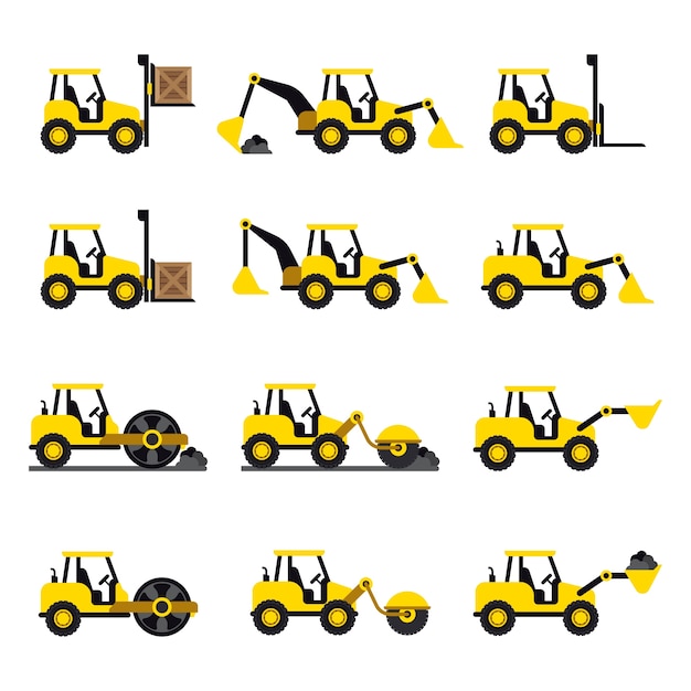 Un conjunto de iconos de vehículos de construcción en estilo plano