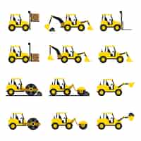 Vector gratuito un conjunto de iconos de vehículos de construcción en estilo plano