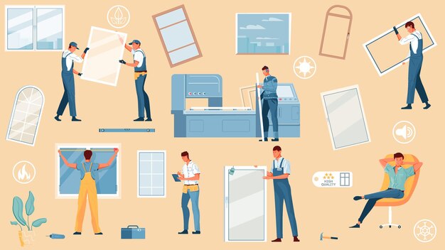 Conjunto de iconos de ventanas de plástico de metal plano con diferentes tipos de estilo y tamaño de ventanas y maestros de reparación ilustración vectorial