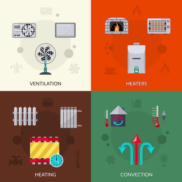 Conjunto de iconos de ventilación y convección de calefacción