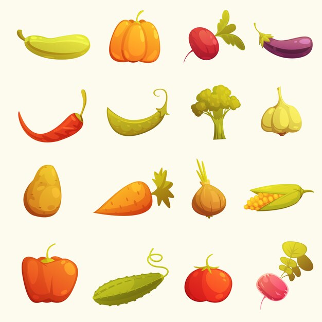 Conjunto de iconos de verduras plana retro