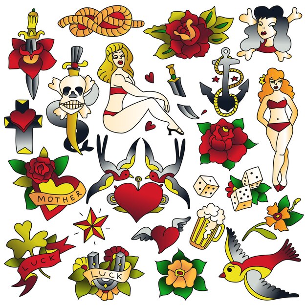 Conjunto de iconos de la vieja escuela de tatuajes