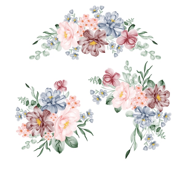 Conjunto de ilustración acuarela de arreglo floral azul rosa