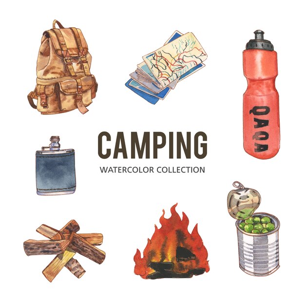 Conjunto de ilustración acuarela creativa camping