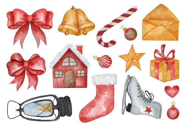 Conjunto de ilustración acuarela de navidad de activos