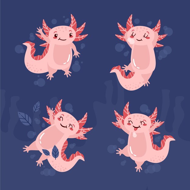 Conjunto de ilustración de ajolote de diseño plano dibujado a mano