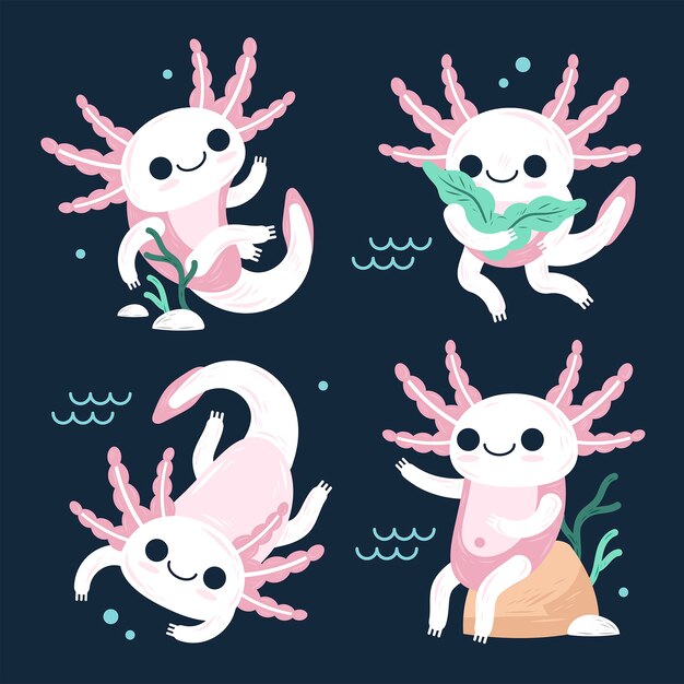 Conjunto de ilustración de ajolote de diseño plano dibujado a mano