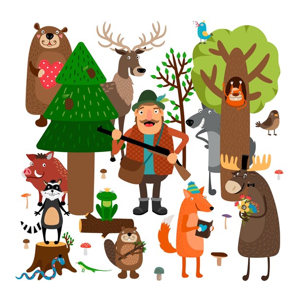 Conjunto de ilustración de animales y cazadores del bosque