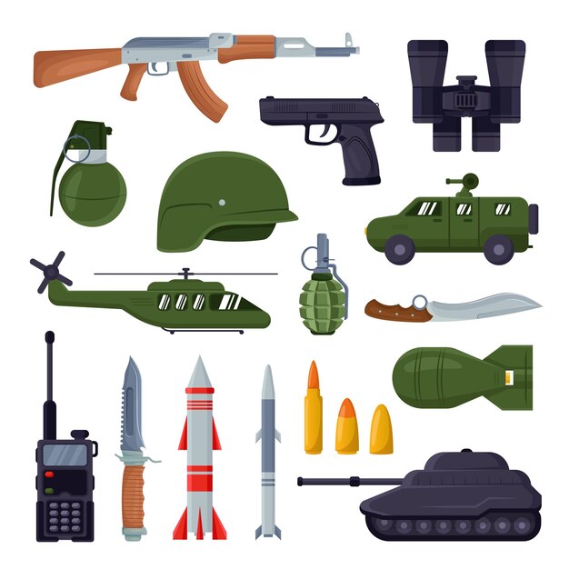 Conjunto de ilustración de armas del ejército. Equipamiento militar. Imágenes vectoriales de misiles, tanques, lanzadores, cohetes en estilo plano. Guerra, concepto de batalla