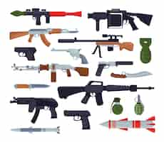 Vector gratuito conjunto de ilustración de armas militares. armas del ejército, cohetes, lanzagranadas, ametralladoras y bazucas aisladas. colección de armas sobre fondo blanco. guerra, concepto de batalla