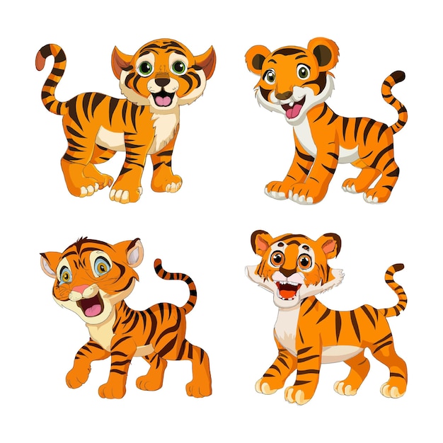 Vector gratuito conjunto de ilustración de arte de personaje de tigre de bebé de dibujos animados