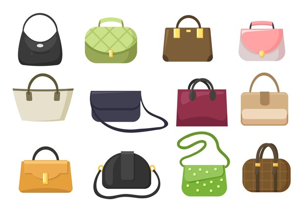Conjunto de ilustración de bolsos y carteras de lujo de mujer