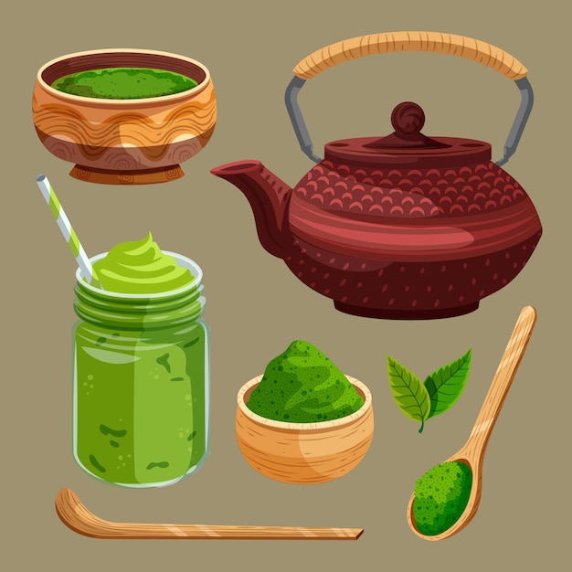 Vector gratuito conjunto de ilustración de colección de té matcha