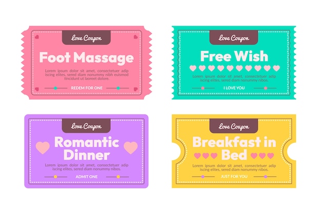 Conjunto de ilustración de cupones de amor de diseño plano