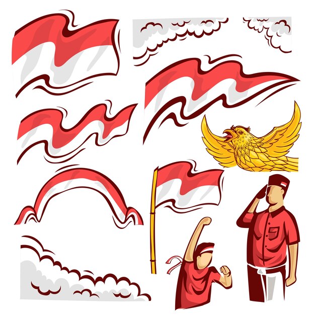 Conjunto de ilustración dibujada a mano del 77.º día de la independencia de Indonesia