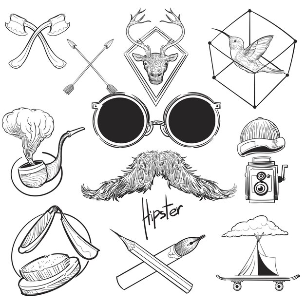 Conjunto de ilustración de dibujo de mano de estilo hipster