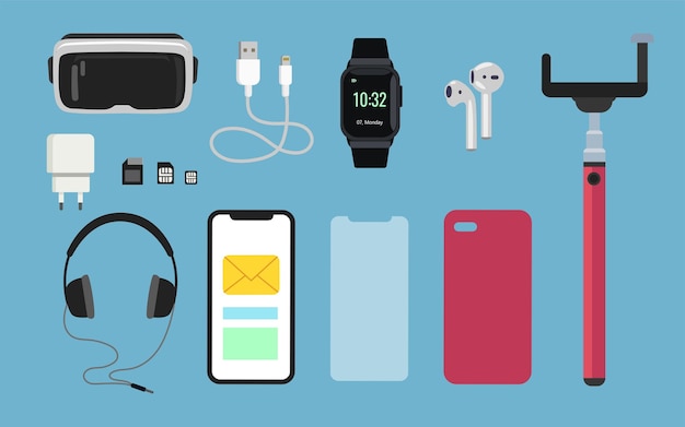 Vector gratuito conjunto de ilustración de dibujos animados de accesorios de teléfono móvil. gafas vr modelo 3d, funda para teléfonos móviles, cargador, batería, auriculares, reloj inteligente, tarjeta de memoria, selfie stick. tecnología, concepto de teléfono inteligente