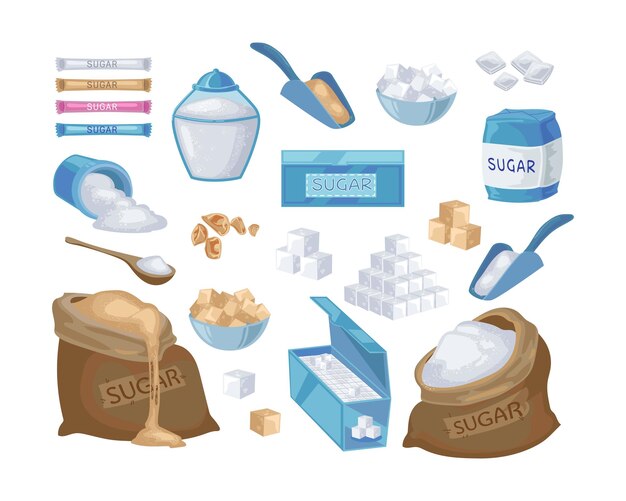 Conjunto de ilustración de dibujos animados de azúcar granulado y cubo. Bolsa, bloque, paquete y barra de azúcar moreno y blanco. Azúcar en cuchara y tazón aislado sobre fondo blanco. Alimentos dulces, concepto de sacarosa