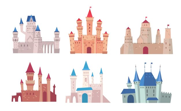 Conjunto de ilustración de dibujos animados de castillos. Arquitectura gótica, palacio de cuento de hadas y colección de imágenes prediseñadas de la fortaleza medieval. Historia, concepto de arquitectura antigua