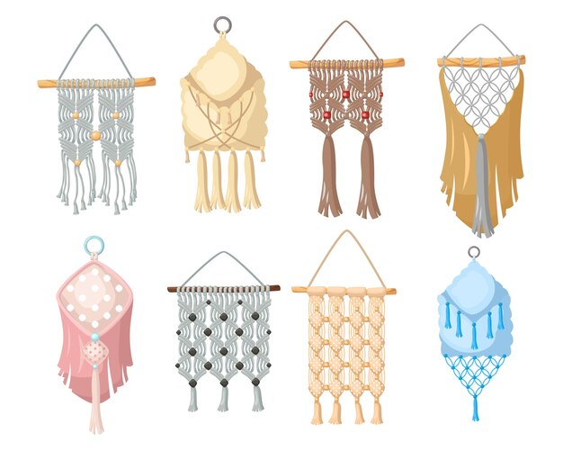 Conjunto de ilustración de dibujos animados para colgar en la pared de macramé bohemio. Paquete de decoraciones caseras tejidas a mano en estilo boho o escandinavo para un ambiente hygge y decoración interior. Artesanía, concepto de casa acogedora.