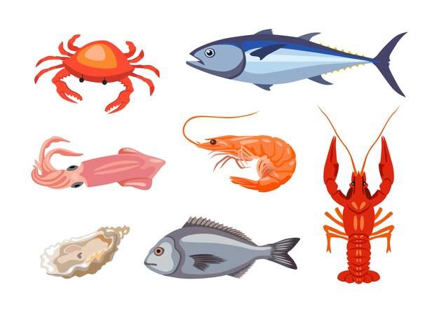 Conjunto de ilustración de dibujos animados de diferentes mariscos o animales marinos. Cangrejo, langosta, ostra, pescado, atún, camarones, mejillones, salmón y cangrejos de río aislados en fondo blanco. concepto de comida gourmet