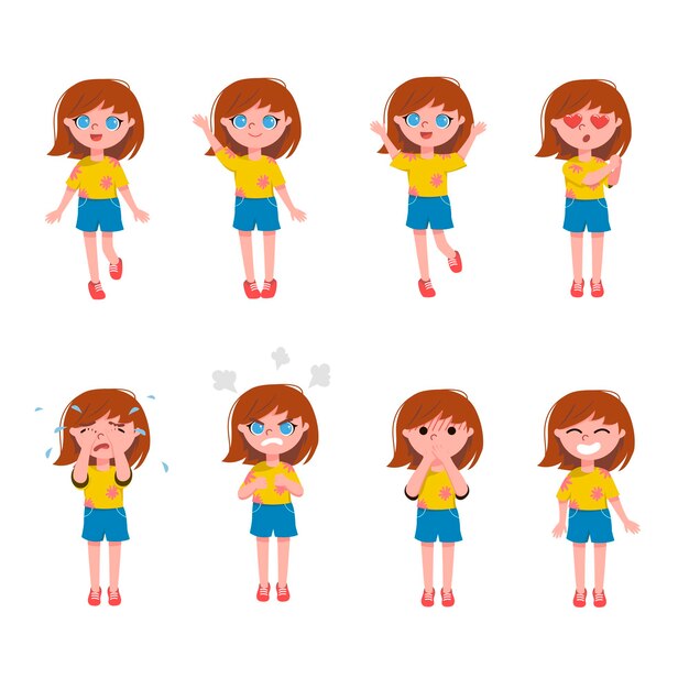 Conjunto de ilustración de dibujos animados de emociones y expresiones de cara de niña linda. Carácter infantil que expresa tristeza, ira, felicidad, sorpresa, conmoción, amor