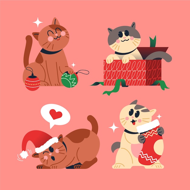 Conjunto de ilustración de dibujos animados de gato de Navidad plano