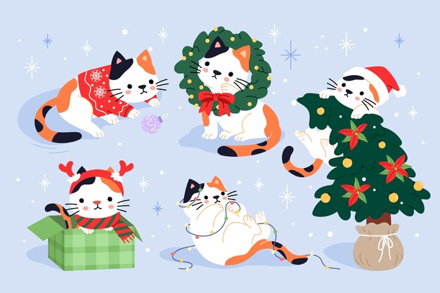 Conjunto de ilustración de dibujos animados de gato de Navidad plano