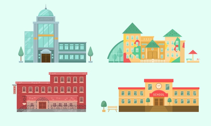 Vector gratuito conjunto de ilustración de dibujos animados de instituciones educativas. vista frontal de la escuela secundaria y primaria, universidad, jardín de infantes y escuela de arte moderno. concepto de entrada al edificio