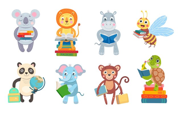 Conjunto de ilustración de dibujos animados de libros de lectura de animales lindos. Personaje de abeja inteligente con libro de texto. Elefante funky, tigre, oso, tortuga estudiando. Educación, concepto de biblioteca