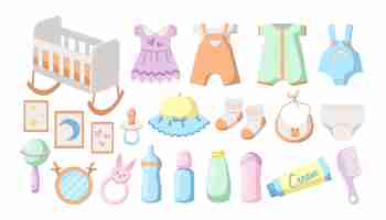 Vector gratuito conjunto de ilustración de dibujos animados de muebles y ropa de bebé recién nacido. colección de vestido de niña, calcetines, babero, chupete, peine, juguetes, body, cuna o cama de bebé. infancia, maternidad, saludo, concepto de cumpleaños.