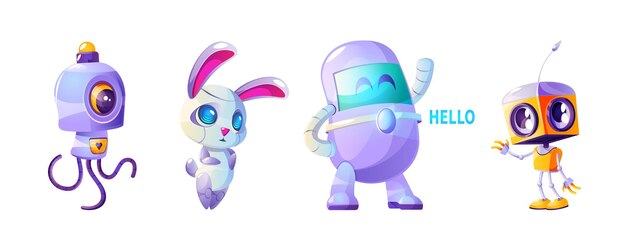 Conjunto de ilustración de dibujos animados de personaje de robot ai futurista lindo Grupo de mascota aislado inteligente artificial de vector y compañero amigable en amarillo y púrpura Concepto de agitar de mecanismo de chatbot inteligente