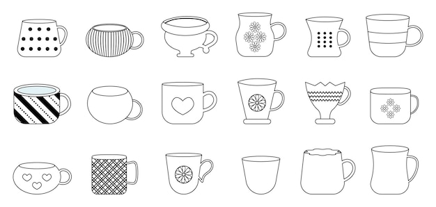 Conjunto de ilustración de dibujos animados de taza de té y café de porcelana colorida