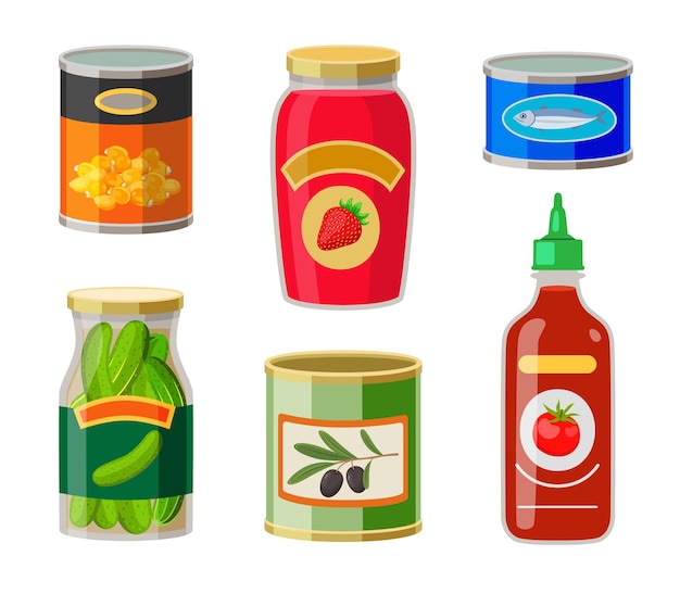 Conjunto de ilustración de dibujos animados de varios alimentos enlatados. Conservas de pescado, maíz, mermelada, salsa de tomate, aceitunas, pepinos salados en frascos de vidrio y latas aisladas en fondo blanco. Despensa, supermercado, concepto de almacenamiento.