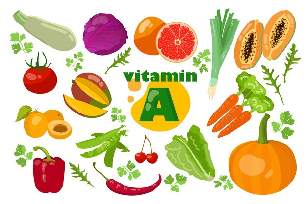 Conjunto de ilustración de dibujos animados vegetales enriquecidos con vitamina A. Espárragos orgánicos, calabaza, zanahoria, pimiento, frijoles, tomate, mango, col que contienen caroteno. Salud, concepto de nutrición