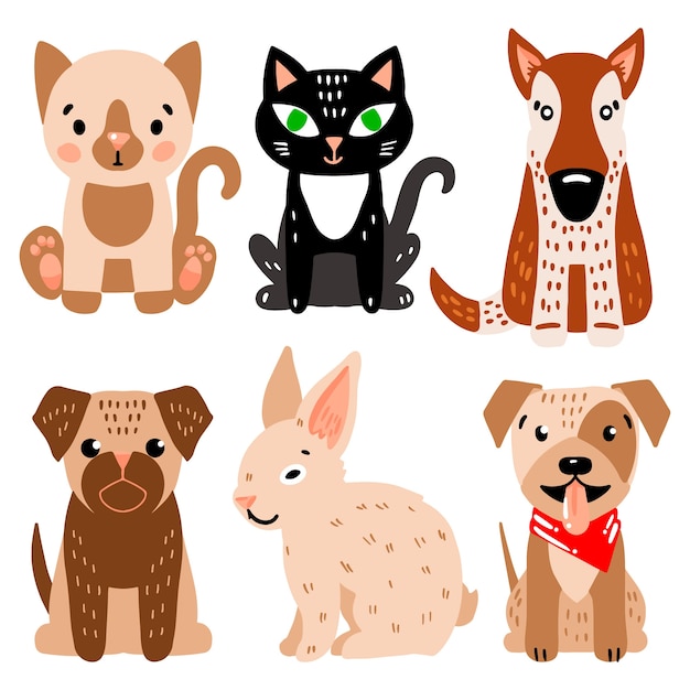 Vector gratuito conjunto de ilustración de diferentes mascotas