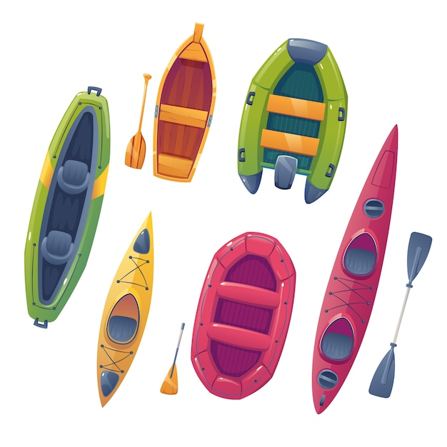 Un conjunto de botes para pescar, remar y nadar. iconos sobre el