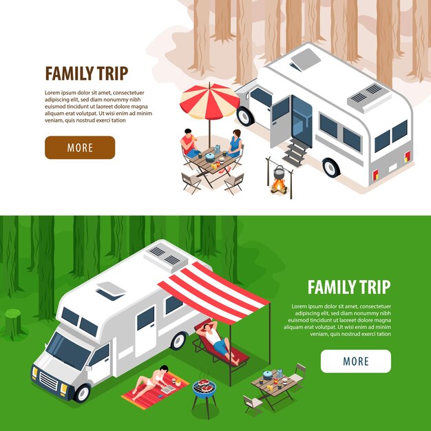 Conjunto de ilustración de dos banners horizontales de viaje familiar isométrico
