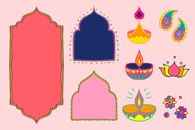 Vector gratuito conjunto de ilustración de elementos de diseño de rangoli indio de diwali