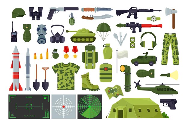 Conjunto de ilustración de equipo militar. Colección de imágenes de dibujos animados de armas, uniforme de soldado. Guerra, batalla, concepto de terrorismo.