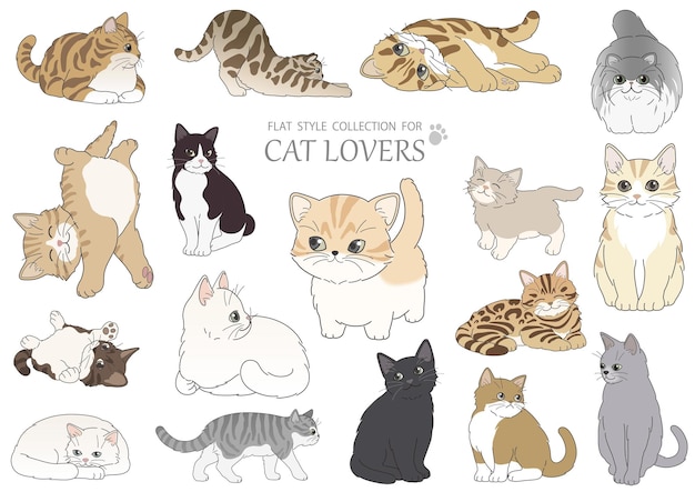 Vector gratuito conjunto de ilustración de gatos de estilo plano vectorial aislado en un fondo blanco