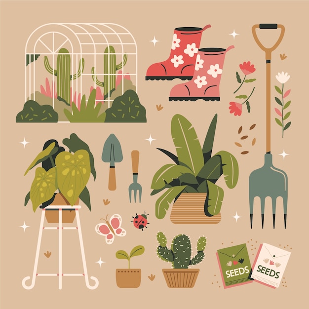 Vector gratuito conjunto de ilustración de jardín botánico de diseño plano