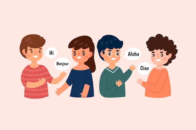 Conjunto de ilustración de jóvenes hablando en diferentes idiomas